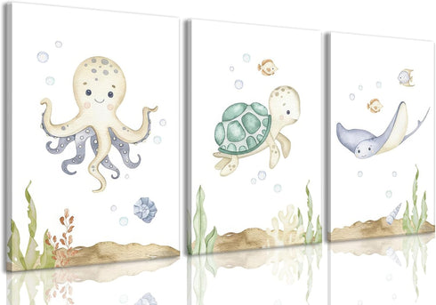Wodkwq Ocean Nursery Canvas Wall Art,Nursery Wall Decor,Kids Bathroom Decor,Under The Sea