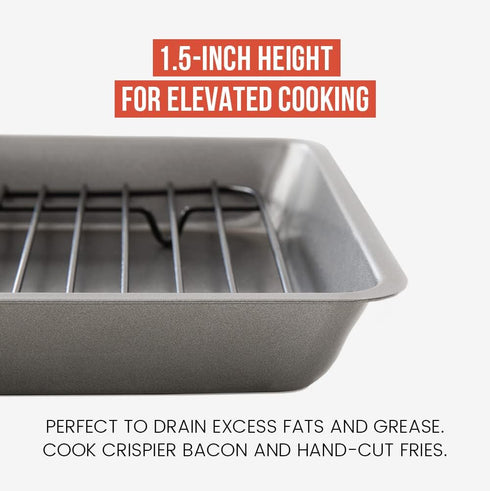 Chef Pomodoro Small Nonstick Carbon Steel Roasting Pan with Rack, Grey (Mini) for Countertop Oven Baking