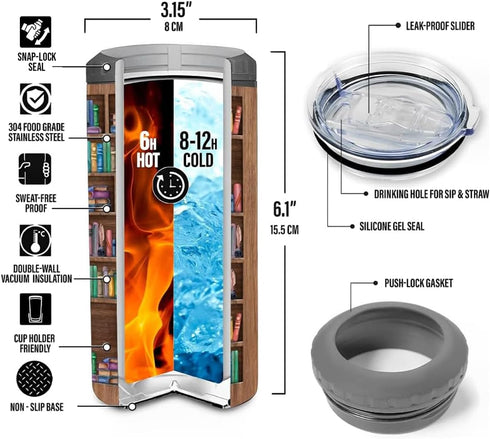 4 1 12oz Coozie SANDJEST Book Lovers Tumbler Bookshelf in Tumbler Can Cooler Skinny Stainless Steel Tumbler Gift