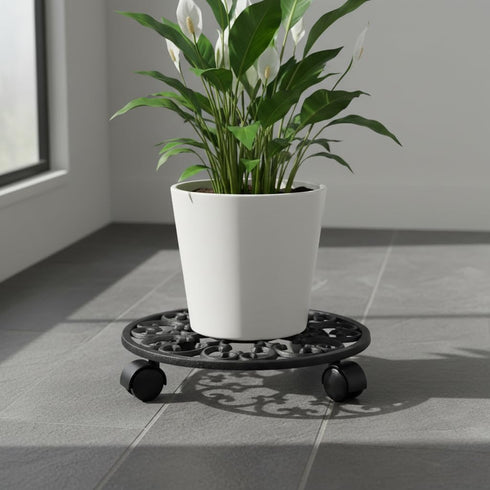 11.8" Comfy Hour Heavy Duty Cast Iron Rolling Plant Stand, Large Circular Plant Caddy with Industrial Wheels
