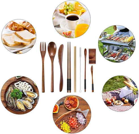 Reusable Wooden Utensil Flatware Set, 10 Pcs Bamboo Spoon and Fork Travel Cutlery Set with Case
