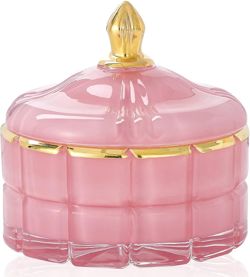 7 oz Pink Glass Jewelry Jar Cube - Facets Candy Storage Sugar Bowl with Lid for Kitchen Bath Gift Organizer
