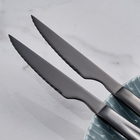 Black Steak Knife Set - 6 Piece Stainless Steel Kitchen Utility Knives, 8.7 Inch Serrated