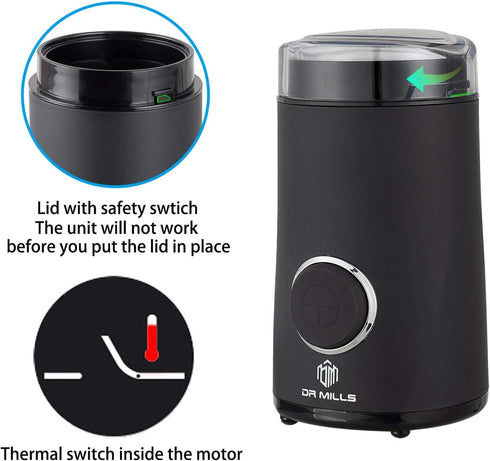 DR MILLS DM-7441 Electric Coffee Grinder, Spice Grinder, Blade & Cup Made with SUS304 Stainless Steel (Black)