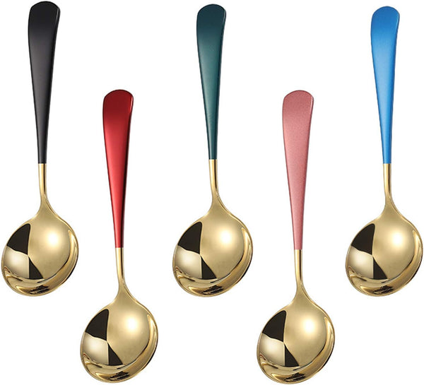 Metal Soup Spoons, Stainless Steel Colorful Dinner Spoons, Thick Short Handle Table Spoon 6.3-Inch, Set of 5 (Gold)