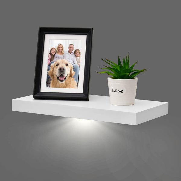 WELLAND White Floating Shelf with Motion Sensor Light, Wall Mounted Storage Shelf,