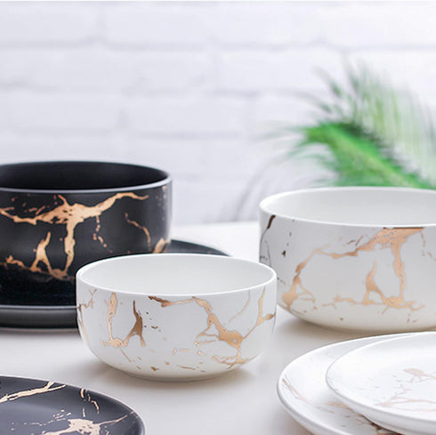 Ceramic Cereal Bowl Marble Soup Bowl 17 OZ Ceramic Rice Bowl Luxury Gold Inlay Dessert Bowl Microwave and Dishwasher Safe for Oatmeal Snack (White) by LUCCK