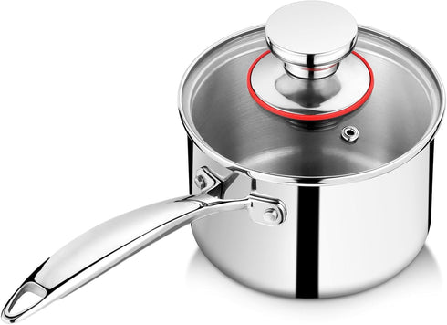 P&P CHEF Small 1 Qt Tri-Ply Stainless Steel Saucepan, Glass Lid, Kitchen Induction Cookware, Dishwasher Safe