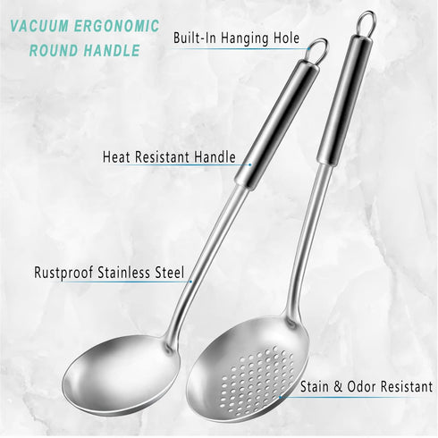 Pleafind 2-Pcs Ladle and Slotted Spoon, Stainless Steel Cooking Utensils for Home and Restaurant, Dishwasher Safe