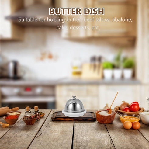 Ceramic Butter Dish with Lid - Stainless Steel Dome Container for Countertop, Kitchen Use