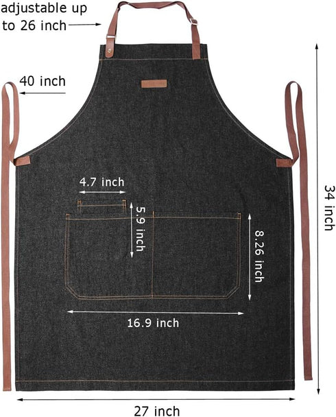 Denim Kitchen Apron with Pockets, Professional Chef Bib Apron for Cooking, Grill & BBQ