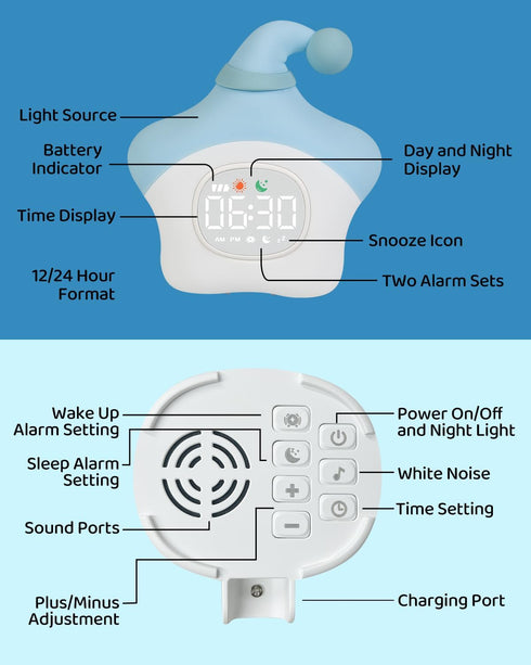 Star Alarm Clock with Night Light for Kids with Sleep Training and Sound Machine, Rechargeable Silicone Lamp OK to Wake