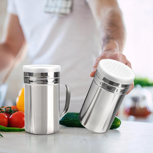 Accmor 2pcs Stainless Steel Dredge, Salt Pepper Dredge Shakers with Handle, 14 Ounce Seasonings Spice Shakers with Lid