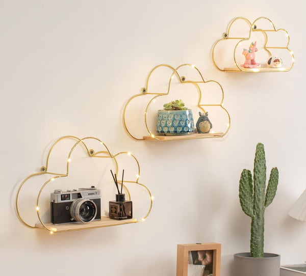Niemro Golden Cloud Shape Floating Shelves with LED Lights Wall Decor,Gold Metal Wire