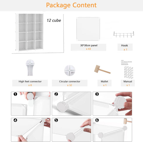AWTATOS Cube Storage Organizer, 12 Cube Bookshelf DIY Plastic Closet Clothes Storage Shelves, Stackable White