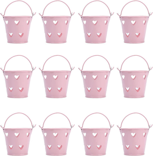 Tinplate Metal Bucket with Handle, 12pcs Mini Hollow Love Candy and Snack Storage Tin Bucket for Gardening Crafts, Home