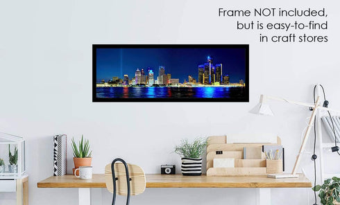 PHOTOSBYJON Detroit Skyline UNFRAMED Photo Print, Night Color City Downtown, 11.75 x 36 inches
