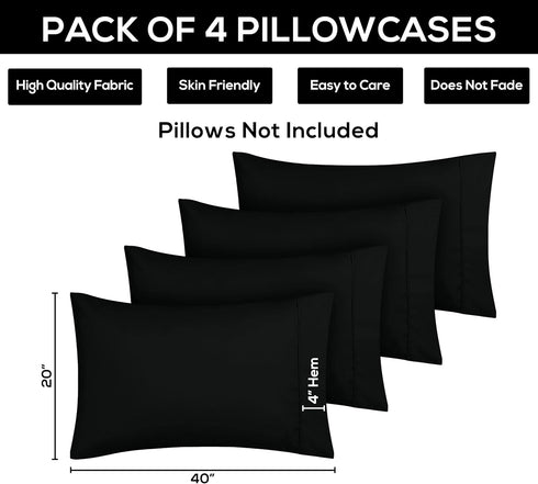 Utopia Bedding King Pillow Cases - 4 Pack Black Soft Brushed Microfiber Fabric, Envelope Closure, 20 x 40 Inches