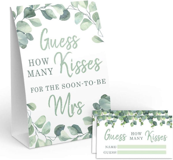 Your Main Event Prints Eucalyptus Bridal Shower Games - How Many Kisses For The Mrs, Includes 1 Stand (5x7) & 50