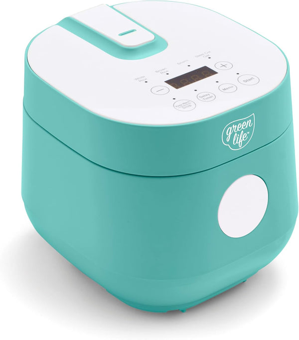 GreenLife 4-Cup Digital Rice Cooker, PFAS & PFOA-Free, Removable Ceramic Pot, Touch-screen, Turquoise
