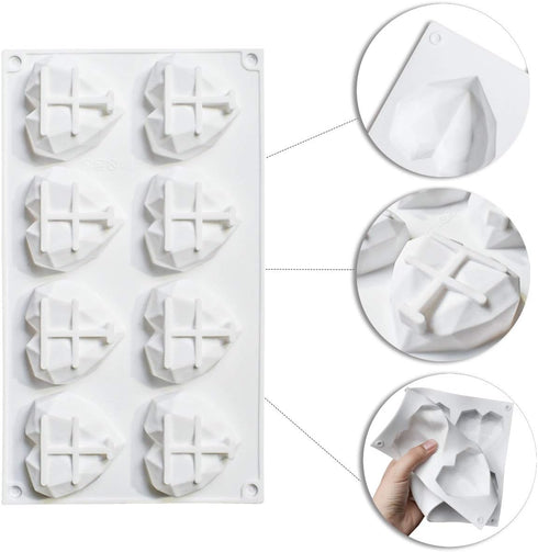 8 Grid Diamond Heart Silicone Cake Mold, 3D Diamond Love Heart Shaped Mould for DIY Cake, Mousse, Dessert
