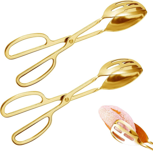 2 Pieces Stainless Steel Buffet Salad Tongs, Food Scissor Tongs for Kitchen Serving and Cooking (Gold)