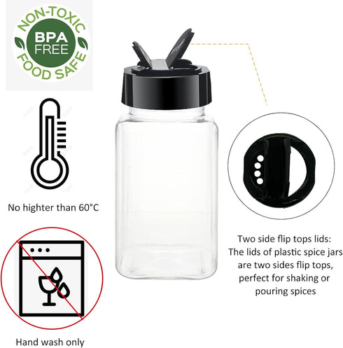 12 Pack 4oz Clear Plastic Spice Jars with Black Lids, Square Seasoning Containers with Chalk Labels, Kitchen Cabinet