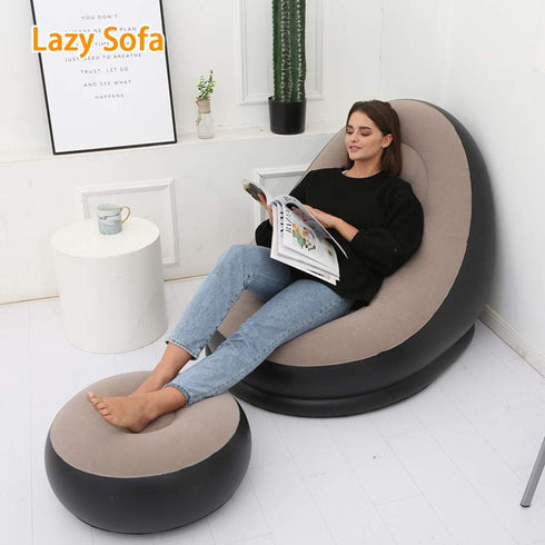 iayokocc Inflatable Lounge Chair for Adults, Folding Portable Lazy Sofa with Foot Stool Lazy Flocking Recliner Chair
