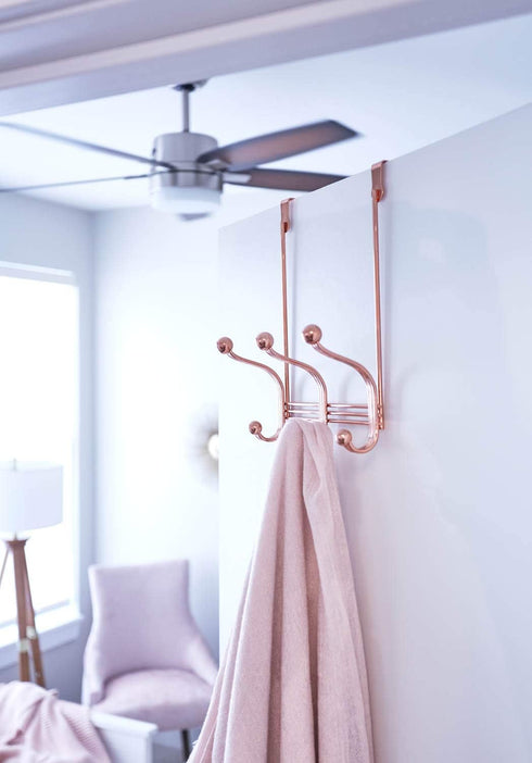 iDesign York Metal Over the Door Organizer, 3-Hook Rack for Bedroom, Closet, Bathroom, 4" x 8.3" x 11", Rose Gold by InterDesign