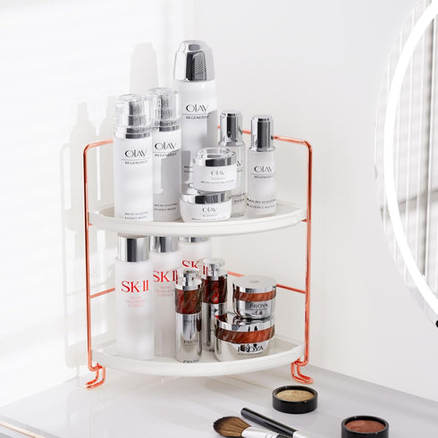 FSyueyun 2-Tier Corner Bathroom Counter Organizer, Tool-Less Installation Vanity Shelf Small Plastics Countertop Makeup Tray Skincare Perfume Organizers (Rose Gold) by FSyueyun