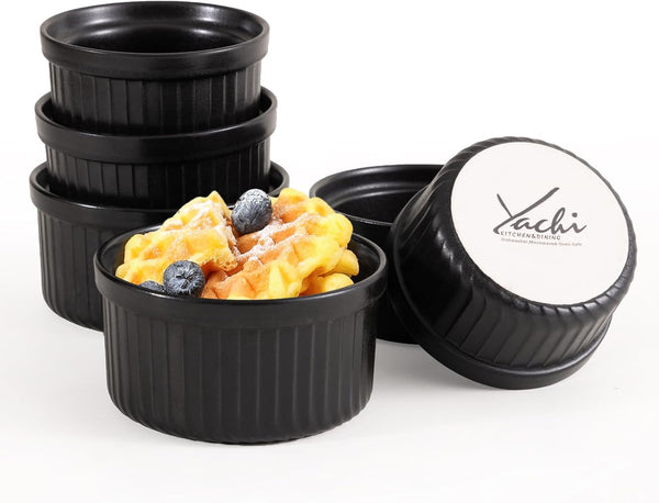 Yachi Ramekins Black, 4 oz 6 Pieces Ceramic Baking Ramekin Set for Sauces, Dipping, Onion Soup, Lava Cake