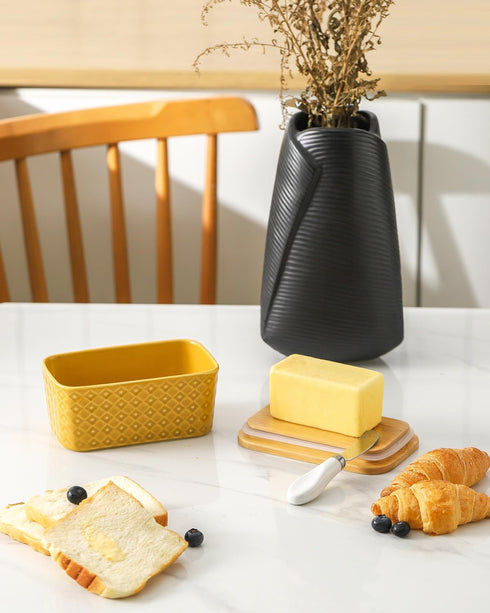 Hasense Large Ceramic Butter Dish with Sealing Lid, Yellow Airtight Butter Container for Countertop Storage