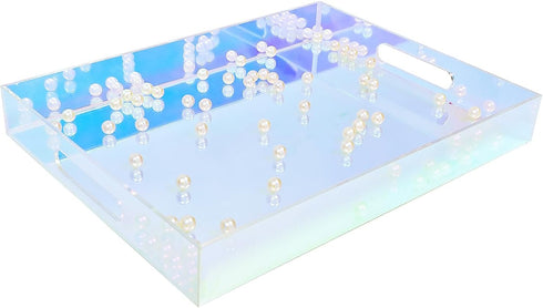 12X9 Inch Countertop, ROYALITA Iridescent Acrylic Tray with Handles, Serving Tray Spill Proof, Perfume Decorative Tray