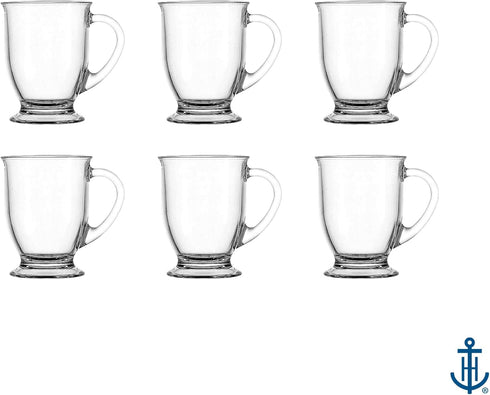 16 oz, Set 6 Anchor Hocking Caf Glass Coffee Mugs