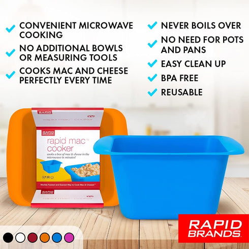 Rapid Mac Cooker | Microwave Macaroni & Cheese in 5 Minutes | Dishwasher-Safe, BPA-Free (Blue & Orange, 2-Pack)