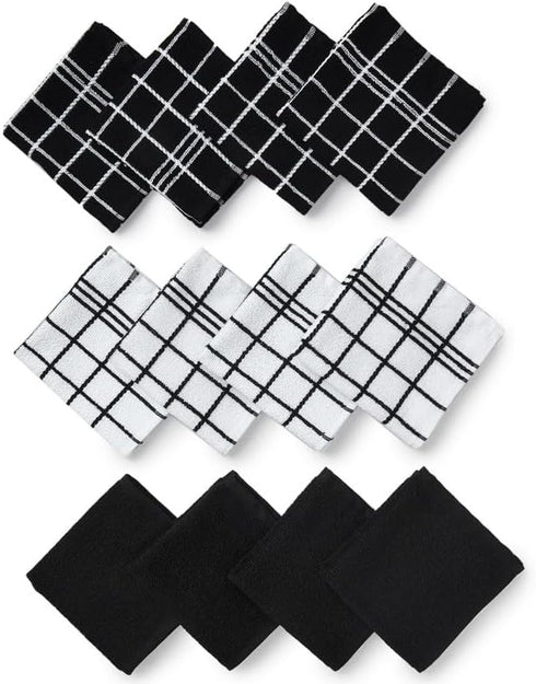 Encasa Terry Cloth Rags, Absorbent Dish Towels for Kitchen Drying and Cleaning, Pack of 12 in Terry Black
