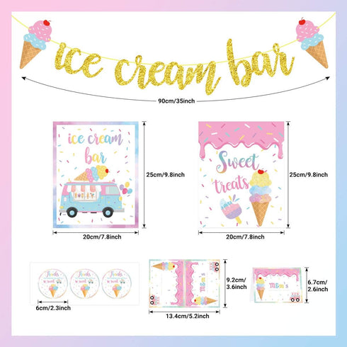 Ice Cream Bar Decor Kit, Summer Ice Cream Sundae Bar Glitter Banner, Food Labels for Party Supplies