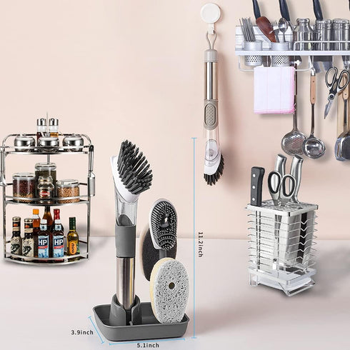 QUTHZZHY 4-in-1 Set 4 Dish Cleaning Brush Soap Dispensing Dish Brush with Replacement Heads and Storage Holder, Kitchen