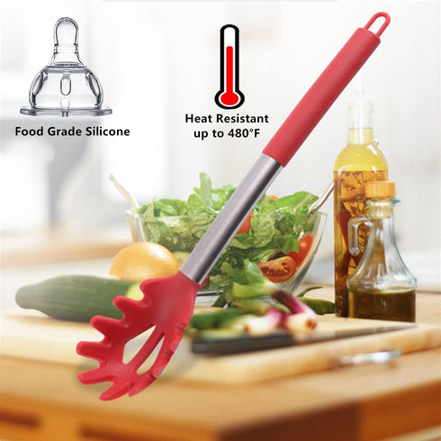 Silicone Pasta Fork, High Heat Resistant Spaghetti Spoon Server with Stainless Steel Handle (Black)
