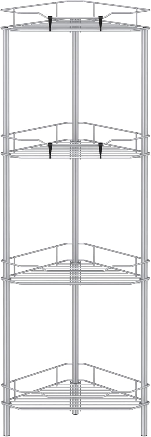 HuggieGems 4 Tier Floor Standing Corner Shower Caddy Organizer Shelf with Hooks, Bathroom