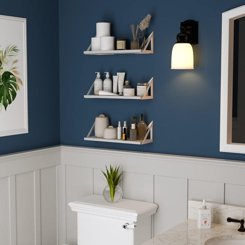 Wallniture Minori Washed White Floating Shelves for Wall Storage, Set of 3 Wood Bathroom Shelves with White Brackets