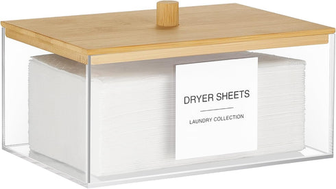 Acrylic Dryer Sheet Holder with Lid, Clear Container with 27 Labels for Laundry Pods Storage and Organization