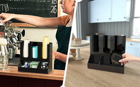 Richboom Cup and Lid Organizer, 6 Compartments with 2 Removable Dividers for Coffee Station - Black Countertop Caddy