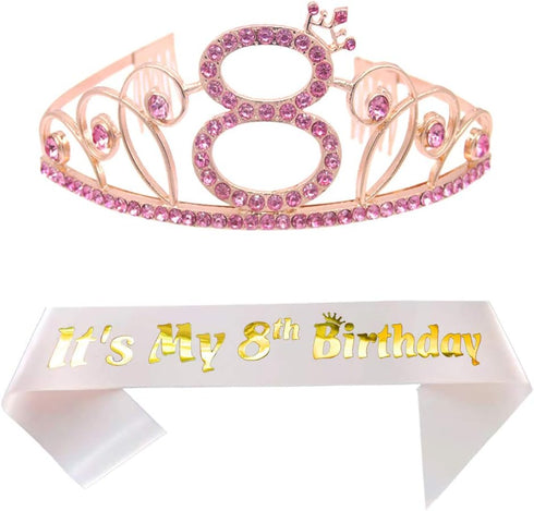 8th Pink Birthday Tiara and Sash, Happy 8th Birthday Party Supplies with Glitter Satin Sash and Crystal Crown