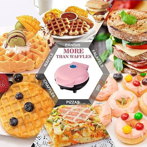 Mini Waffle Maker 4 Inch Plate - Heart Pink Non-Stick Waffle Iron for Hash Browns, Keto Chaffles, Snacks, Sandwich