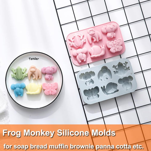 2 Pack Gummy Chocolate Molds Elephant Monkey Frog Silicone Molds for Cake Jello Ice Cube Crayon, Cake Decoration Soap