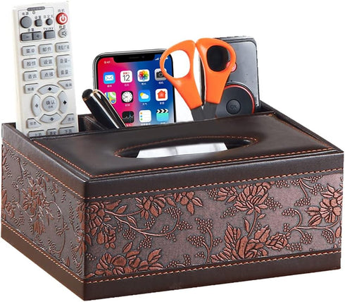 Leather Tissue Box Cover, Rectangular and Multifunction Remote Control Caddy, Desk Organizer Storage for Office and