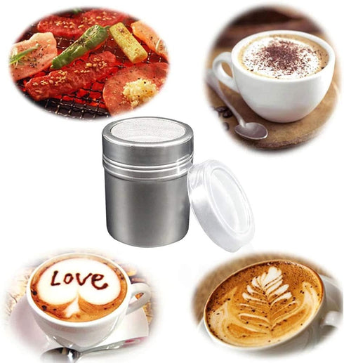 2Pcs Stainless Steel Sugar Shaker with 16Pcs Coffee Stencils Template Duster for Cocoa Flour Icing Sugar