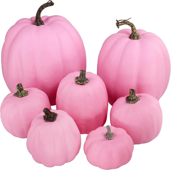 Winlyn 7 Pcs Assorted Sizes Fall Artificial Pink Pumpkins for Halloween, Thanksgiving, Harvest Holiday Season Tabletop