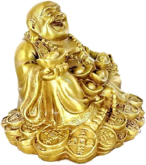 SMRTHMRT Feng Shui Decor Laughing Buddha Statue, Maitreya Figurine Carrying Money Bag, Brass Sculptures